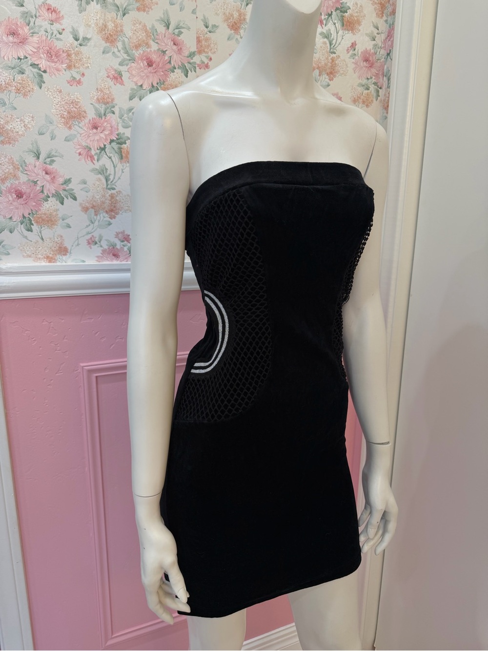 Y2k Black Strapless Mesh-Panel Bodycon Dress